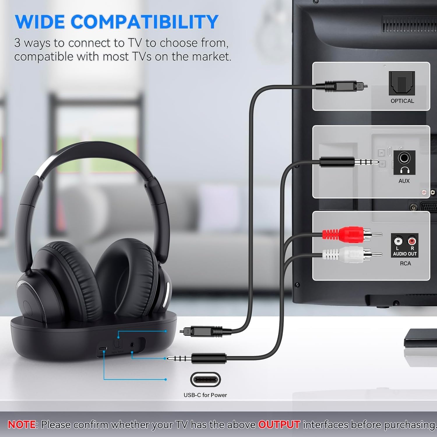 ANSTEN Wireless Headphones for TV with Universally Compatible Transmitter Charging Base, TV Headphone Wireless for Seniors, Bluetooth Headphones No Delay, 35 Hrs Audio Playtime, Plug n Play