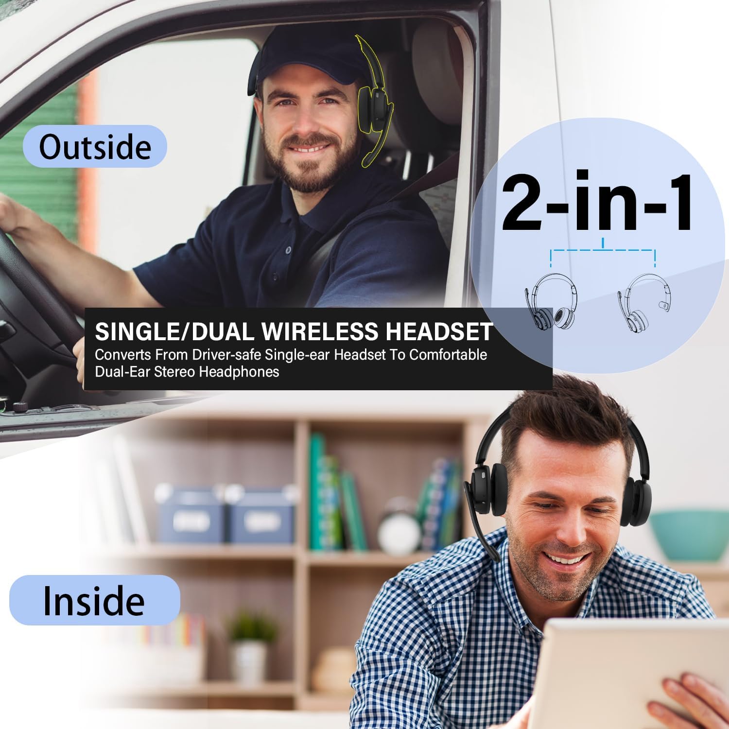 MONODEAL Trucker Bluetooth Headset, Bluetooth Headset with Microphone Noise  Canceling(ENC) Dual Mic & Mute Button, 3 EQ Music Modes, Single and Dual