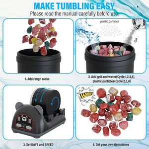 【2023 Updated】 Professional Rock Tumbler kit for Kids Adults, 9-Day Timer, 3-Speed Motor, Ultra Durable Belt, Reusable TPE Plastic Polish, Rough Stones, Educational Projects for Boys Girls