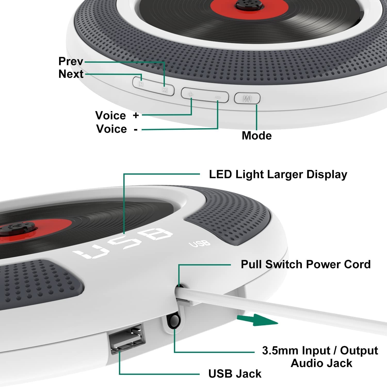 Portable CD Player with Speakers,Wall Mounted Bluetooth CD Player with Remote Control & FM Radio for Home,Car CD Player with AUX Jack,Large LED Display is Suitable for The Elderly