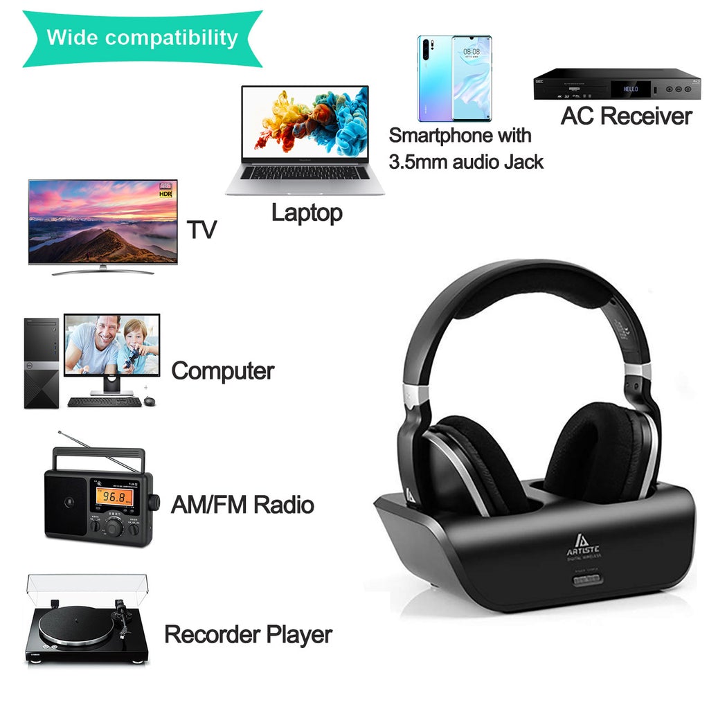 Wireless TV Headphones, Ansten Over Ear Headsets for TV Watching with Charging Dock, 2.4GHz RF Transmitter, 100ft Wireless Range and Rechargeable 20 Hour Battery, Black